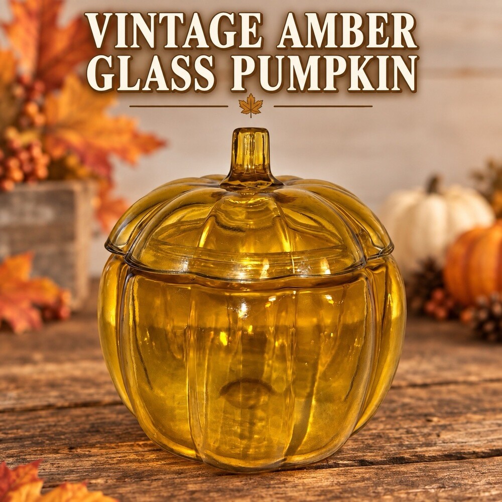 Vintage Amber Glass Pumpkin Covered Candy Dish Jar Fall Thanksgiving Decor